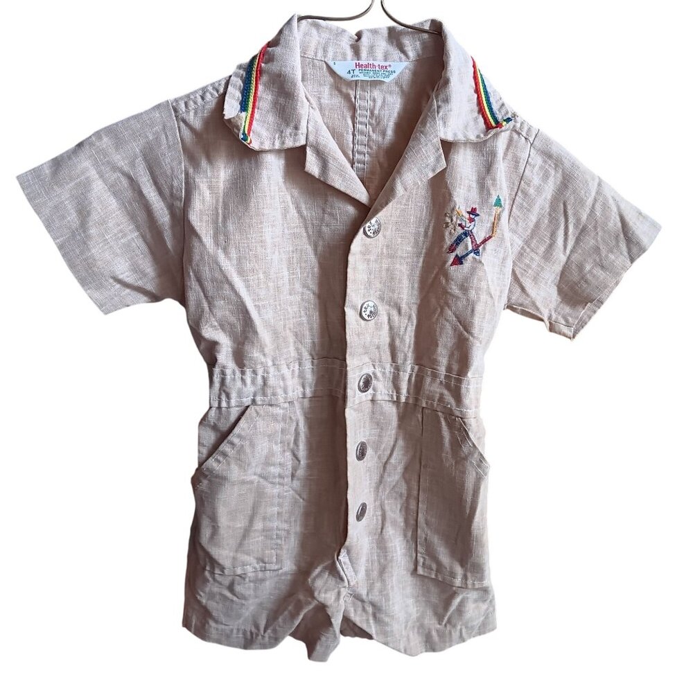 True Vintage 70's Health-Tex 4T Boys Beige Romper Embroidered Cowboy Play shorts